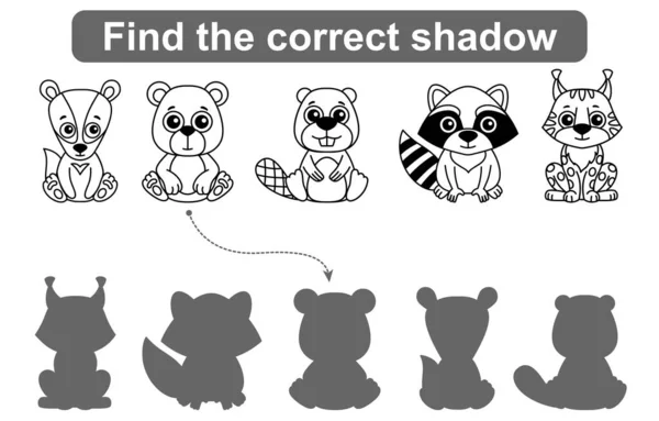 正しい影を見つけろ 子供教育ゲーム 森と動物園の動物のセットは 正しい影を見つけるために — ストックベクタ