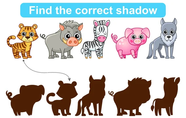 Encuentra Sombra Correcta Juego Educativo Para Niños Conjunto Animales Del — Vector de stock