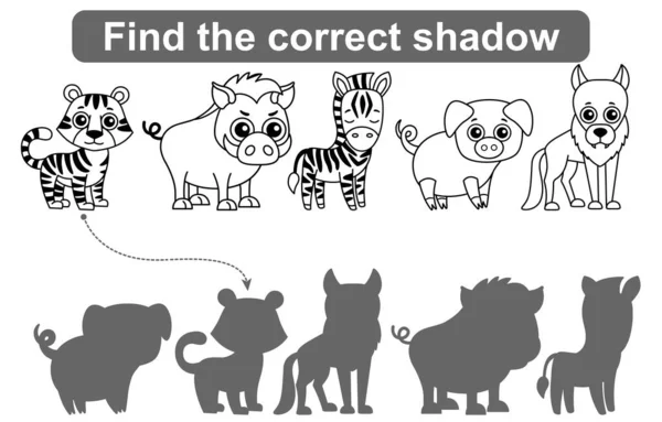 Encuentra Sombra Correcta Juego Educativo Para Niños Conjunto Animales Del — Vector de stock