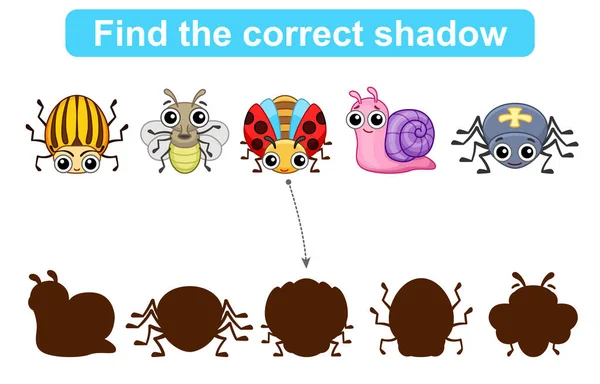 Encuentra Sombra Correcta Juego Educativo Para Niños Conjunto Insectos Para — Vector de stock