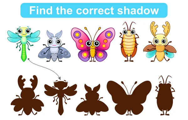 正しい影を見つけろ 子供教育ゲーム 正しい影を見つけるための昆虫のセット — ストックベクタ