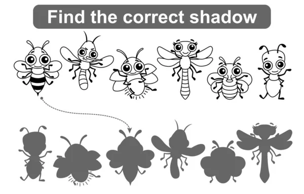 Найдите Правильную Тень Детская Образовательная Игра Насекомые — стоковый вектор