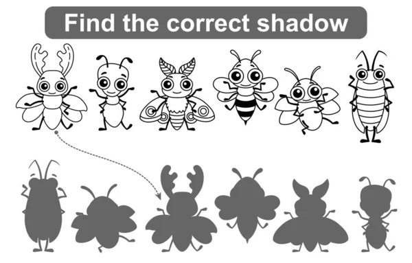 Finden Sie Den Richtigen Schatten Lernspiel Für Kinder Malvorlagen Insekten — Stockvektor