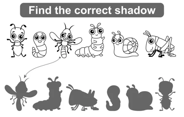 正しい影を見つけなさい 子供教育ゲーム 着色ページ昆虫 — ストックベクタ