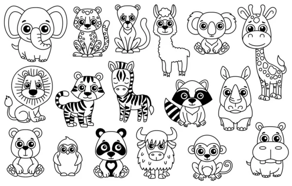 Conjunto Lindos Animales Zoológico Blanco Negro Estilo Dibujos Animados Para — Vector de stock