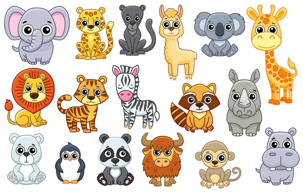 Conjunto Animales Zoológicos Lindos Estilo Dibujos Animados Aislados Fondo Blanco — Archivo Imágenes Vectoriales