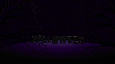 Çizgi film Cadılar Bayramı afişi. Karanlık bir gökyüzüne karşı yükselen bir dolunayın canlandırması ve mezarlıktaki ağaçların siluetleri ve vampir yarasalar