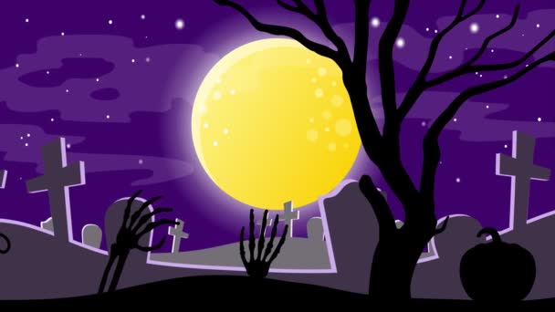 Cartoon Halloween Banner Horrors Het Kerkhof Volle Maan Een Achtergrond — Stockvideo