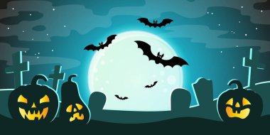 Vektör Cadılar Bayramı afişi. Karanlık gökyüzüne karşı dolunay ve mezar siluetleri mezarlıkta haçlar ve zombi kemikleri.