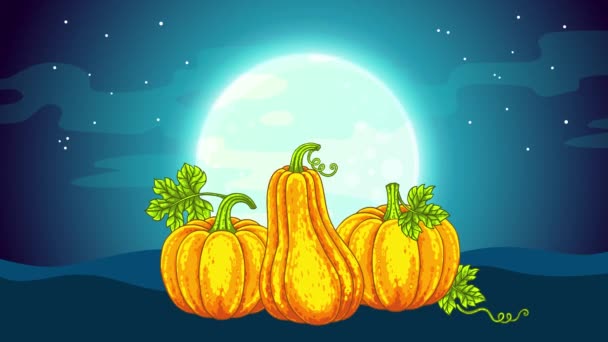 Halloween Animowane Tło Pełnia Księżyca Ciemnym Niebie Straszny Uśmiech Dynie — Wideo stockowe