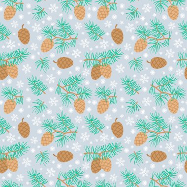 Yeşil köknar dalları ve kar taneleriyle kusursuz bir kozalak deseni, kağıt tekstili ve tatil dekorasyonu için samimi bir Noel çizimi..