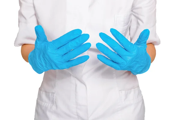 Arzt zeigt Hände mit sterilen Handschuhen isoliert auf weißem, medizinischem Werbekonzept. — Stockfoto