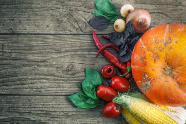 Taze sebze karanlık bir tablo. Sonbahar arka plan. Sağlıklı beslenme. Kabak, biber, kırmızı biber, domates, fesleğen, soğan, mısır mısır koçanı. Üstten Görünüm. seçici odak.