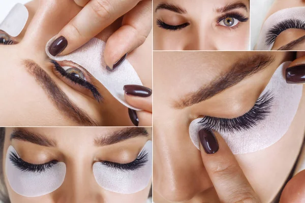 Procedimiento de extensión de pestañas. Mujer hermosa con pestañas largas en un salón de belleza. Collage.. — Foto de Stock