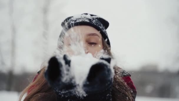 Kvinnan bär varma vinterkläder och hatten blåser snö i vinterparken. Flygande snöflingor. Solig dag. Glad Skönhet ung flicka Ha kul i frostiga skogen. — Stockvideo