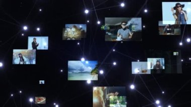 Hologram yüzen fotoğraflar. Siber uzayda resimler. Dijital sunucu servisi. Görsel içerik kavramı. Sosyal ağ hizmeti.