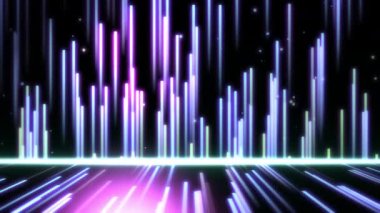 Soyut arkaplan. Parıldayan çok renkli parçacıklar, HUD ekran için çizgiler, yüzeyler, sanal alan ya da hologram olarak dizgi yapıları oluşturur.