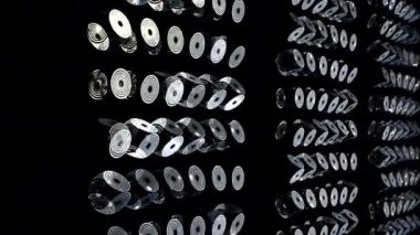 Gelecekçi teknoloji yapısı. Işık efektleri ile soyut kübik ve daire şekilleri duvarı boyunca hareket.