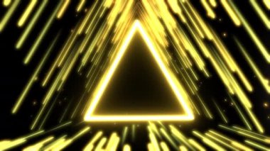 Soyut üçgen altın arka plan. Parıldayan sarı parçacıklar çizgiler, yüzeyler, sanal alan olarak dizgi yapıları veya HUD ekran için hologram oluşturur.