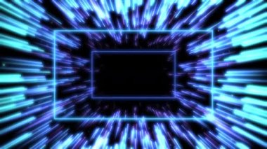 Soyut dörtgen mavi arkaplan. Işıldayan yeşil parçacıklar çizgiler, yüzeyler, sanal alan veya HUD ekran için hologram olarak dizgi yapıları oluşturur.