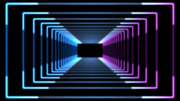 Beau tunnel carré abstrait avec lignes de lumière bleue se déplaçant rapidement. — Video