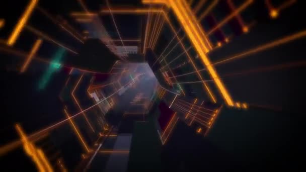 Abstracte achtergrond met animatie van de vlucht in abstracte futuristische tunnel met neonlicht. 4k 3D rendering, naadloze lus. — Stockvideo