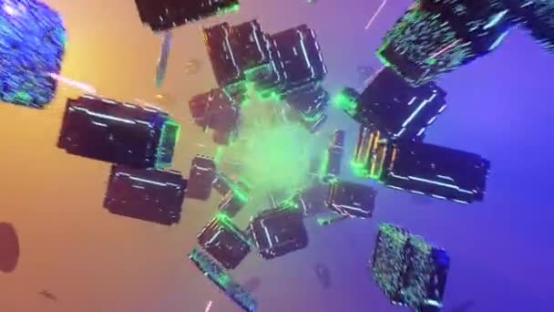 Flight in 3D VJ seamless loop abstract neon Infinite digital light blue, yellow, green tunnel, with neon lights. — Stock Video