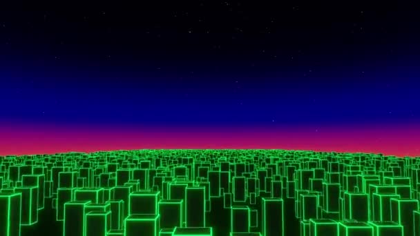 未来のネオン都市へのシームレスなフライト。背景3Dアニメーション80年代。VJループ. — ストック動画