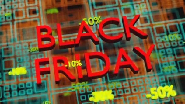 Konsep animasi Black Friday. Diskon dari 10 sampai 50 persen bergerak turun pada latar belakang digital neon. — Stok Video