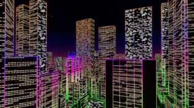Büyük, fütüristik neon şehirden uçmak. Teknoloji ve İşletmeyle İlgili 4K 3D animasyon.