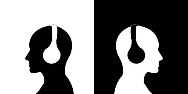 Hombre Con Icono Perfil Auriculares Blanco Negro — Vector de stock