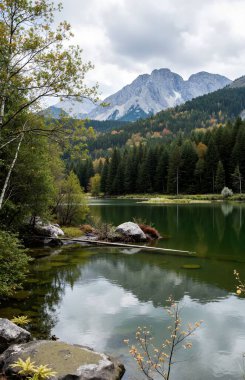 Arka planda dağlar ve ağaçlarla çevrili güzel bir göl görüntüsü.