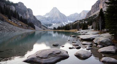 scenic view of lake in mountains with trees on background