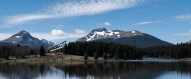 a beautiful shot of a mountain surrounded by trees in the middle of a lake