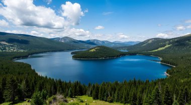 Arka planda dağlar olan göl.
