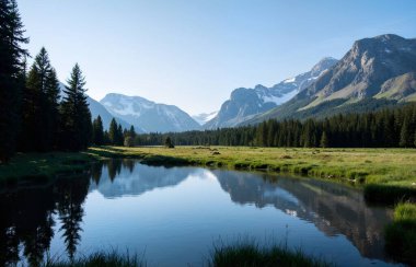 a scenic mountain lake with green grass and rocky hills in the mountains in the background