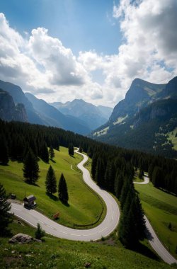 a vertical shot of an empty road surrounded by mountains under the clear clear sky