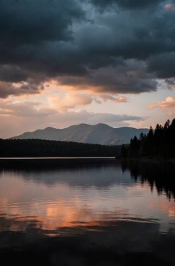 sunset over the lake, mountains, forest, clouds, clouds, water, reflection, clouds