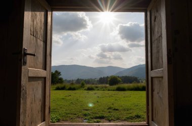 beautiful landscape. view of the mountains and a mountain window. high quality photo