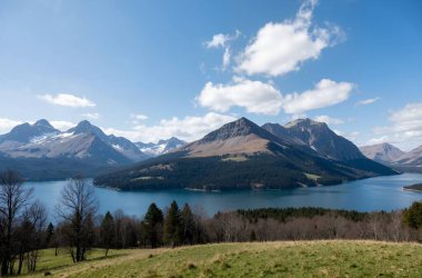 lake in mountains with blue sky