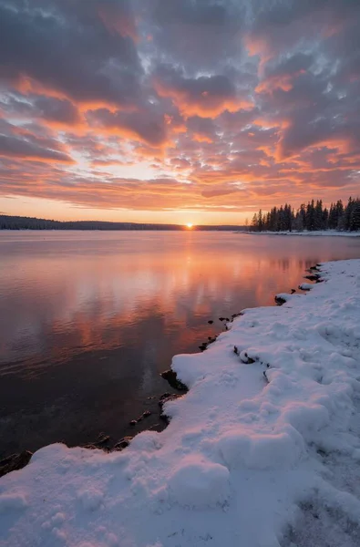 Donmuş bir gölde gün batımı