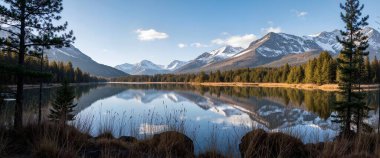 Göl ve dağlarla dolu güzel bir manzara.