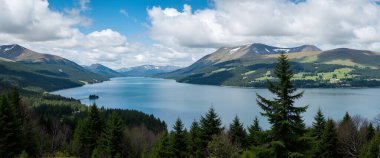 Göl ve dağlarla dolu güzel bir manzara.