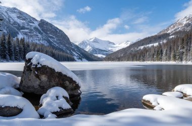 lake in winter with snowy mountains and snow in the background