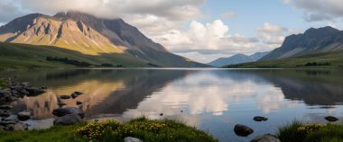 lake with mountains and blue sky. summer landscape.