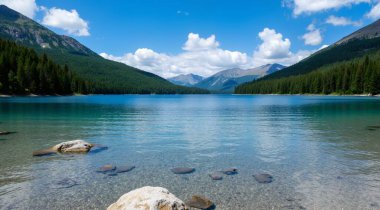 Göl ve dağlarla dolu güzel bir manzara.