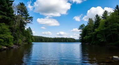 a beautiful shot of a lake surrounded by trees and forest under the blue sky
