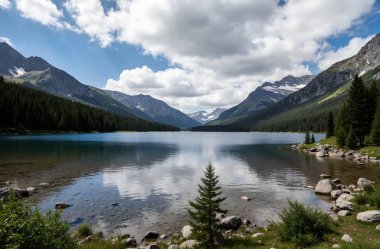 a beautiful shot of a lake in the middle of a lake surrounded by greenery and trees