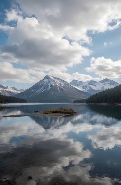 Göl ve dağlarla dolu güzel bir manzara.