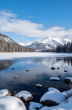 Arkasında dağlar ve göl olan güzel bir manzara.